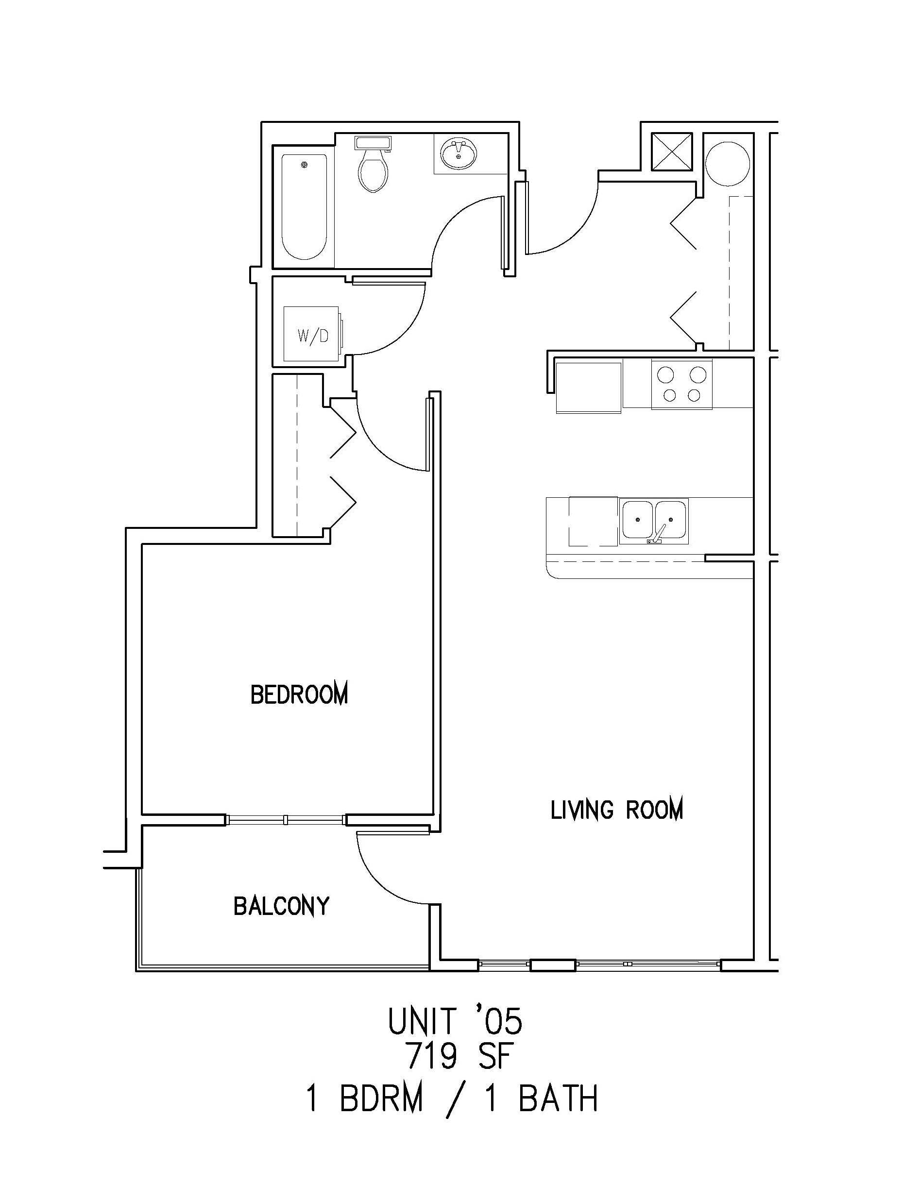 Floor plan for 1 bed, 1 bath, 719 sqft